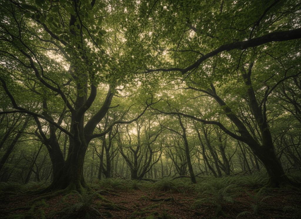 Minimal, wide-angle photograph of a lush green forest canopy seen from below, soft natural light filtering through leaves, calm and grounded atmosphere, muted green and earth tones, no people, no text, editorial quality